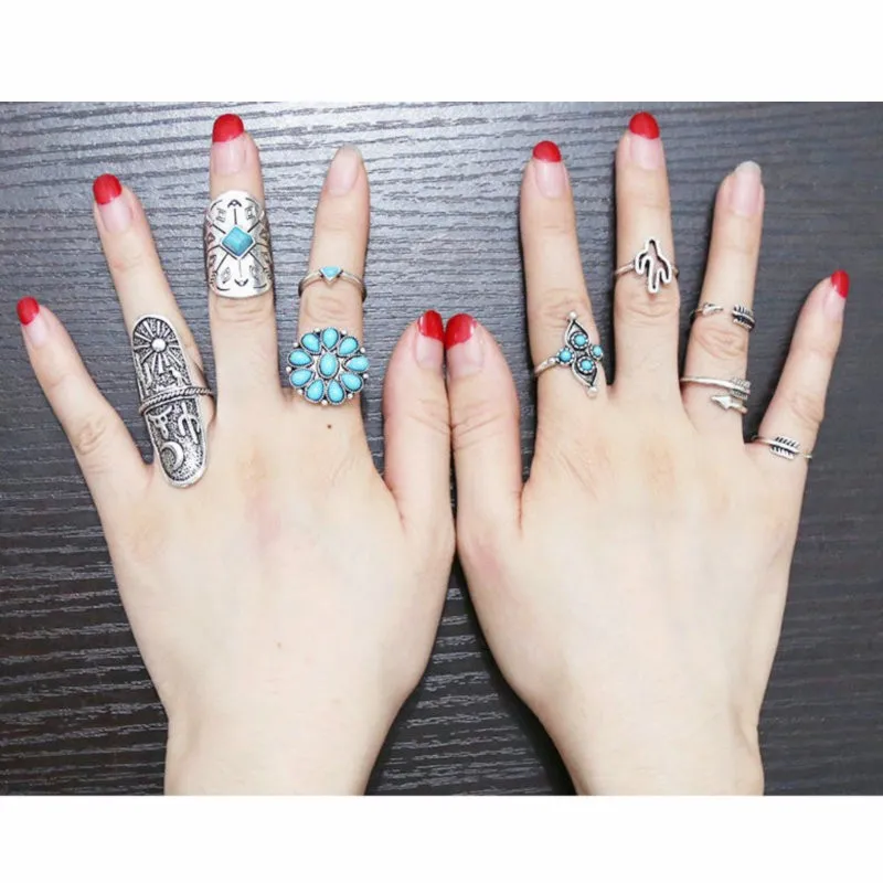 Bohemian Retro Turkish Midi Ring Set Punk Flower Arrow Knuckle Rings For Women Joint Ring Jewelry 
