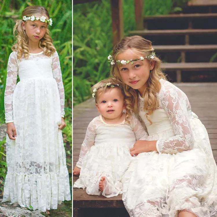 Vintage Ivory Lace Little Princess Flower Girl Dress with Long Sleeves