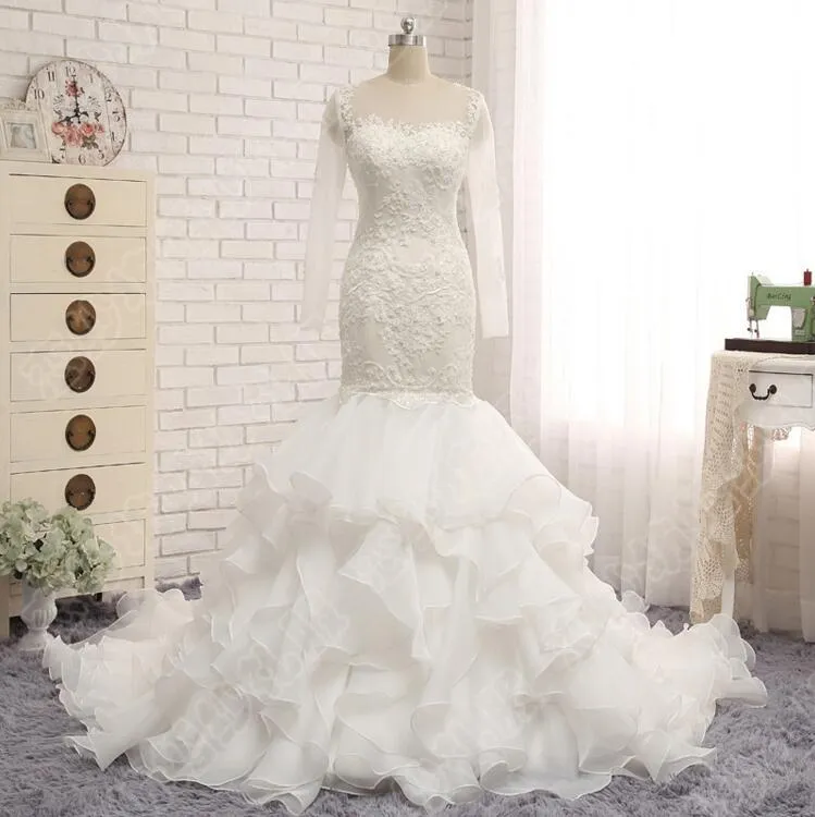 Tulle Long Sleeve Mermaid Tiered Skirts Jewel Appliques Plus Size Trumpet Wedding Gowns Court Train Sexy Corset Wedding Dress