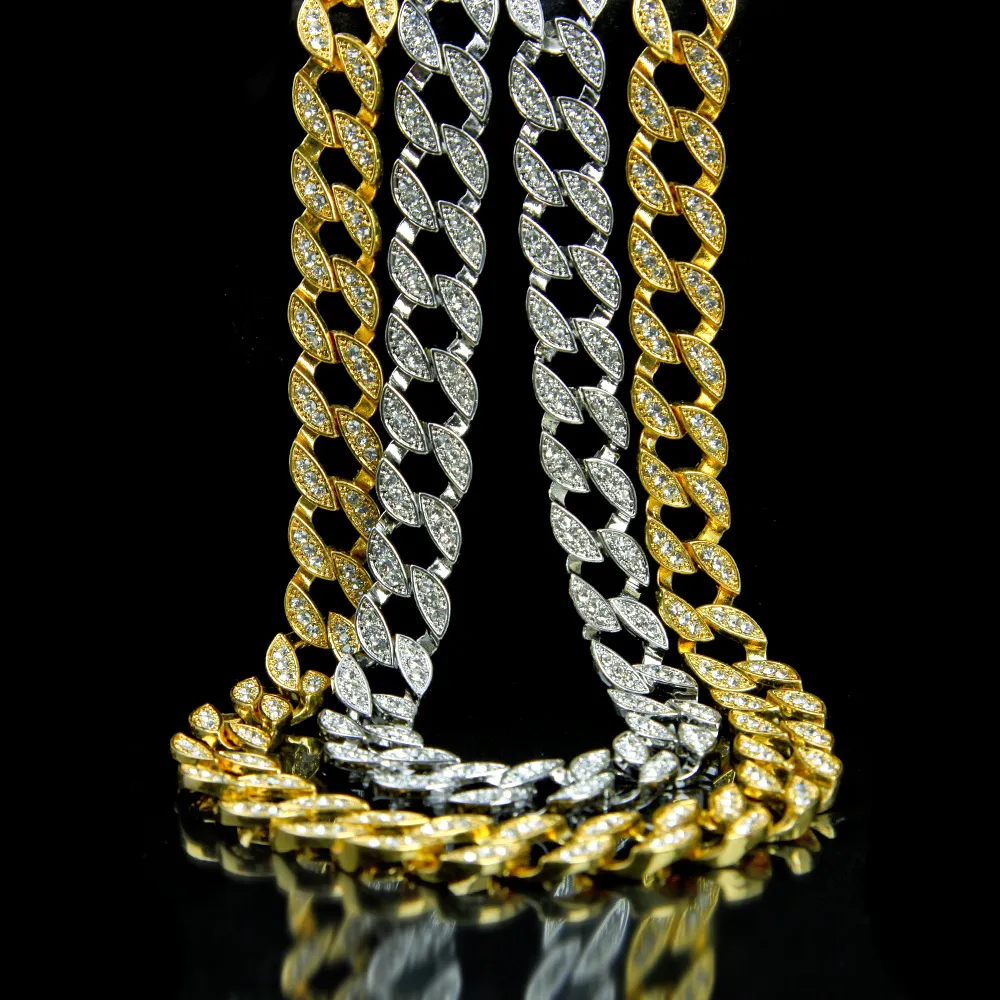 24K Real Gold Plated MIAMI CUBAN LINK Exaggerated Shiny Crystal Rhinestone Necklace Sets Hip Hop Bling Hipster Men Chains 75cm282C