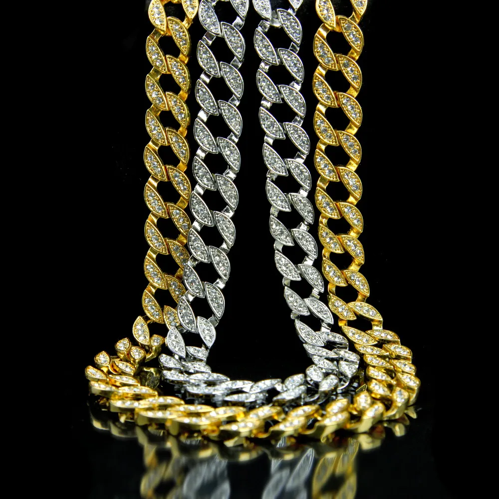 24k Real Gold Plated Miami Cuban Link överdriven glänsande kristall strasshalsband sätter hiphop bling hipster män kedjor 75cm244v