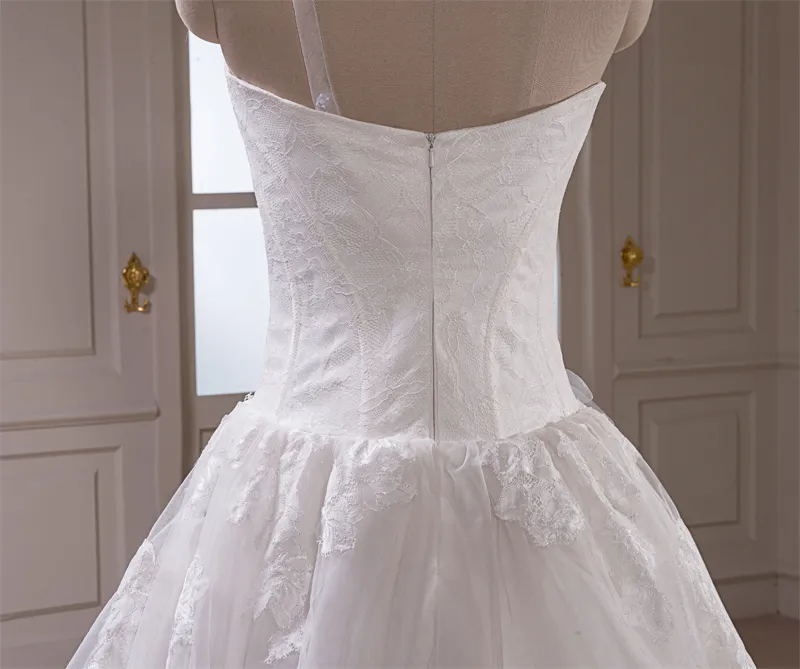 Nouvelle arrivée de vraies photos robe de mariée une épaule robe de mariée avec la main fleur satin tulle dentelle appliques robe de mariée chapelle train