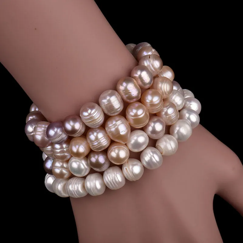 100% Mode Vit / Rosa 8-12mm Naturligt sötvatten Oregelbundet Pärla Armband Beaded Stretch Armband Elastiskt Bridal Armband