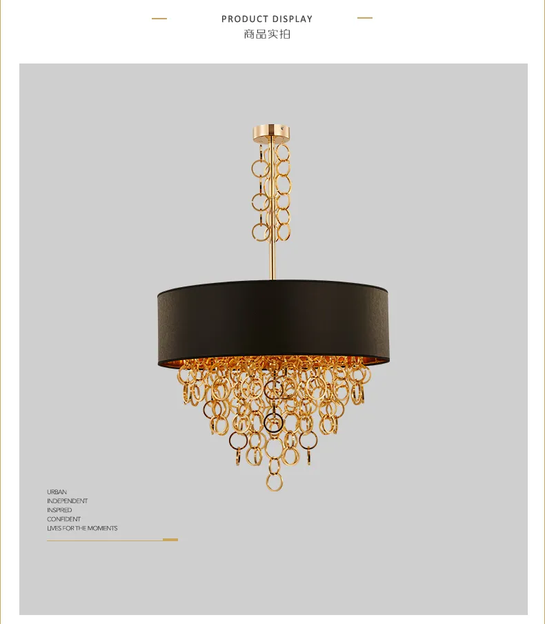 Contemporary Black Drum Shade Chandelier With Gold Rings Round Pendant