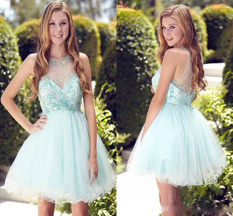 2017 Light Sky Blue Mini Short Homecoming Dresses Sheer Neck Crystals Beaded A Line Chiffon Cocktail Formal Teens Party Dress