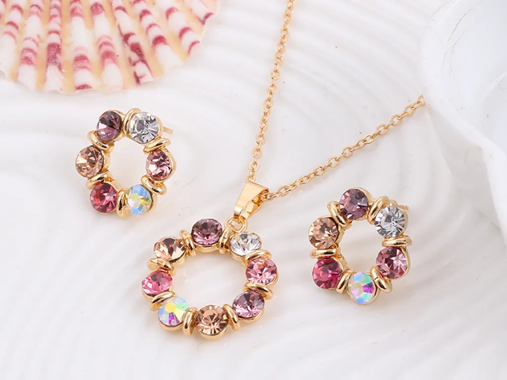 Circle jewelry set Europe and the United States wind colorful crystal jewelry ladies earring necklace set wholesale 
