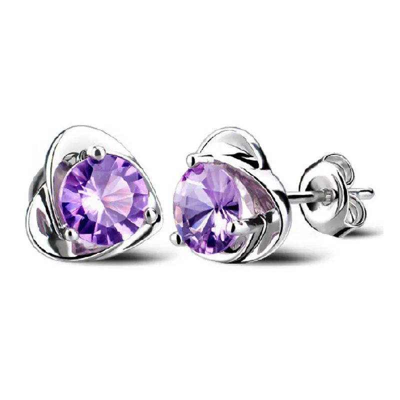 Amethyst heart Stud Earrings for Women Austrian Crystal Ear J Wedding Purple hip hop jewelry