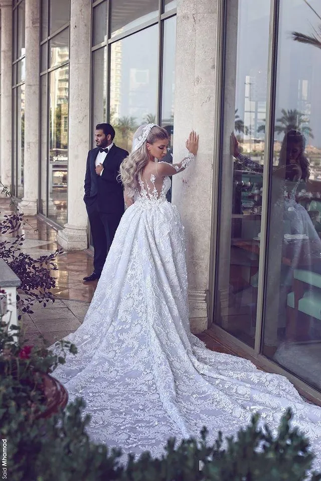 Arabic Lace Overskirts Wedding Dresses Long Sleeves Sheer Neck Lace Appliques Illusion Back Mermaid Bridal Gowns with Removable Skirt