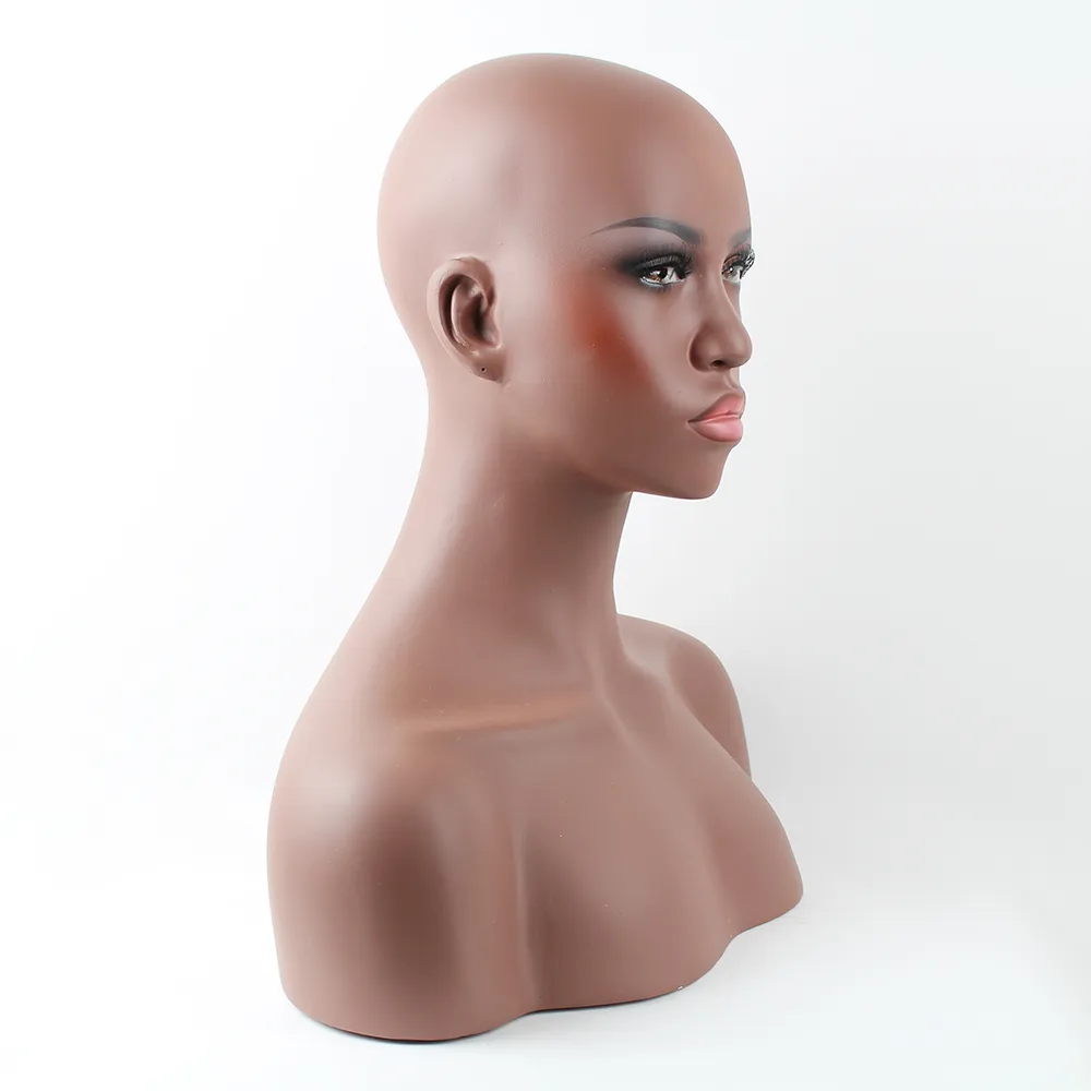 Realistisk kvinnlig svart afroamerikansk glasfiber mannequin dummy head byst för spets peruk och smycken visar EMS 211Q6258091