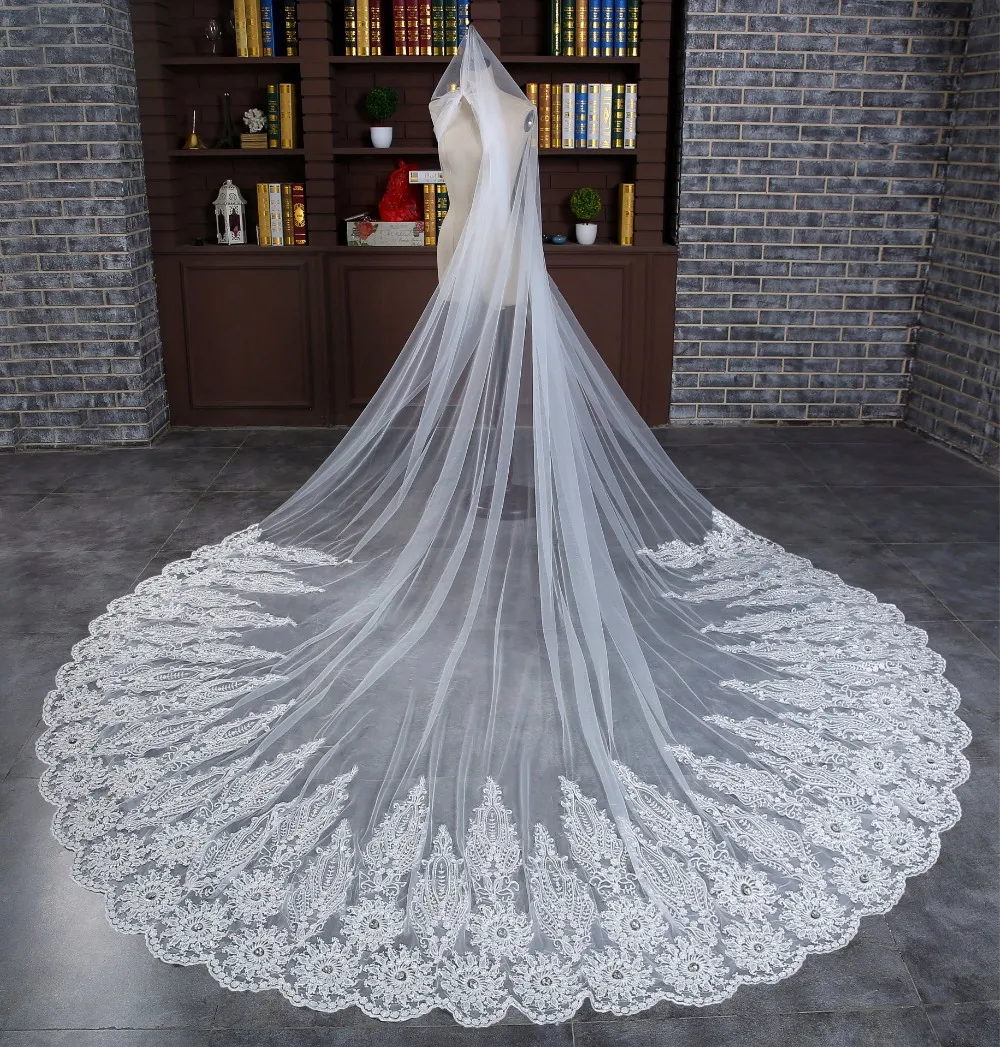 Ivory white Long Lace Cathedral Luxury Crystal Beaded Bridal Veil for Bride wedding veils 20178492766
