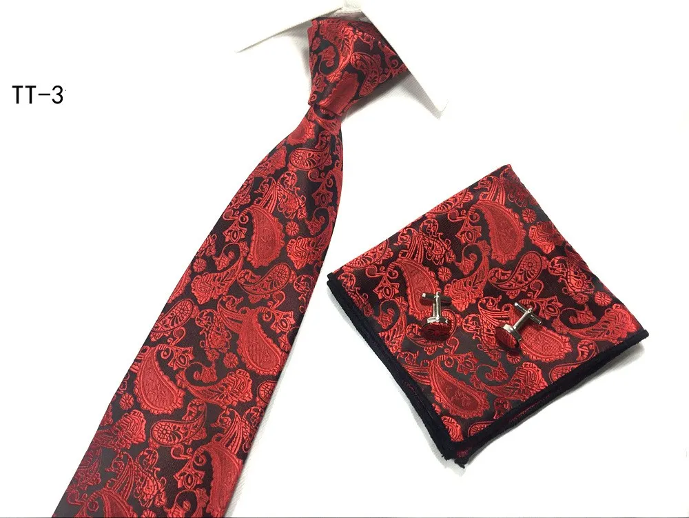 Fashion Tie Set Nathtie Handokerchief Cufflinks Pocket Square Polyester Ties 8cm Wide262U