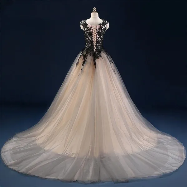 Gothic Champagne And Black Ball Gown Wedding Dresses Sheer Neck ...