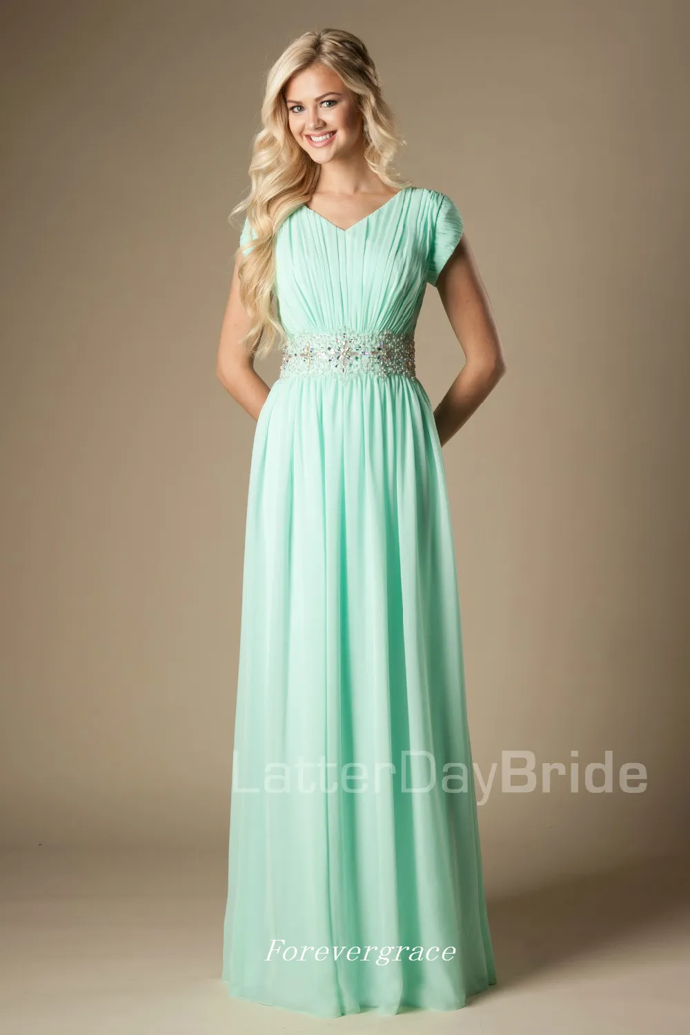 modest mint green bridesmaid dresses Mint Green Ruched V-neck Spaghetti Straps Chiffon Bridesmaid Gown