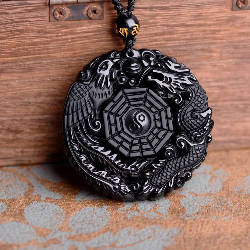 Collier pendentif obsidienne volcanique Phoenix Dragon Yin Yang PPUK Stock4980278