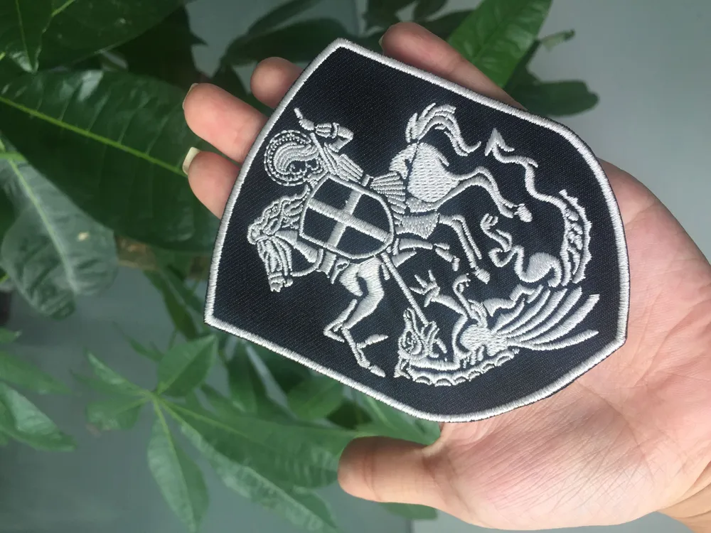 Top Quality Knight Warrior Shield Embroidered Patch Georger On Horse Slay Dragon Cross Shield Christian Patch Silver Embroidery Vest Badge