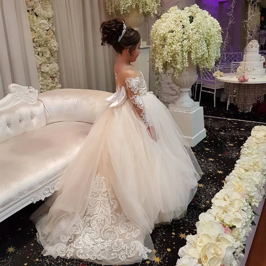 Adela Girls Lace High Neck Ball Gown Dress - Hi-Low Pageant First Communion Wedding Dress With Train