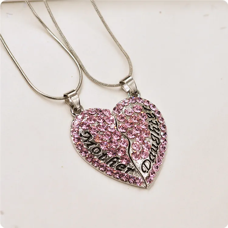 Mom and Daughter heart necklace Set chokers Red Pink Crystal Rhinestone Necklace Gold Jewelry Gift for Mom Alloy Steel Snake Chain free DHL.