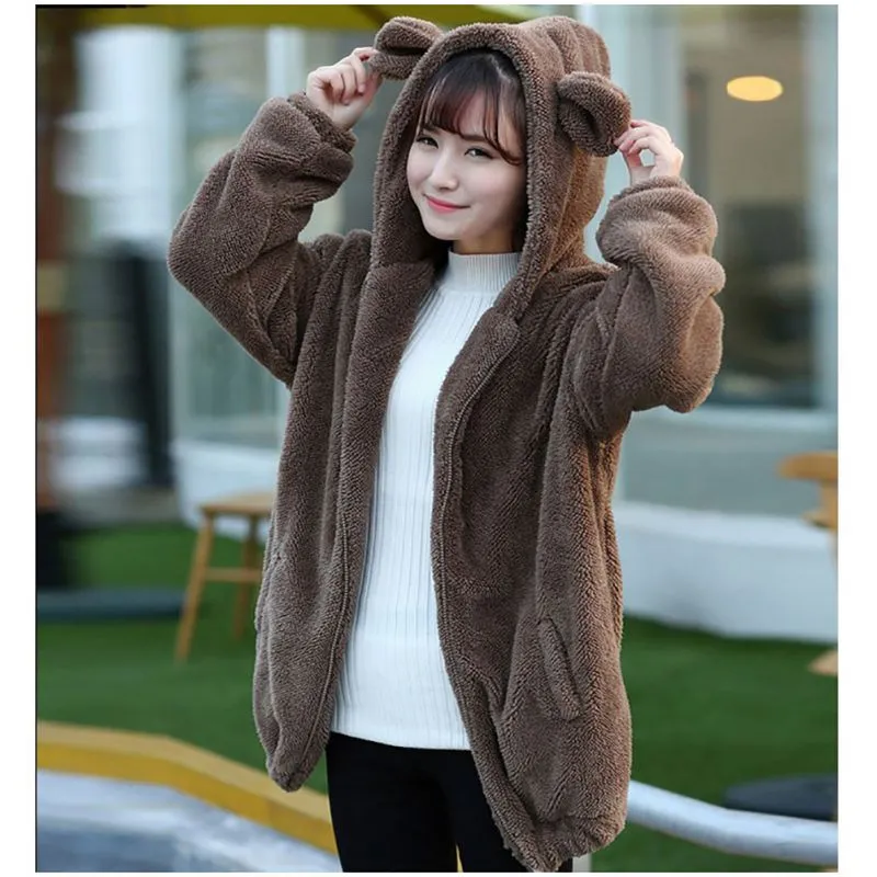 Venta al por mayor- Oioninos Mujeres Sudaderas con capucha Cremallera Chica Invierno Suelta Fluffy Bear Ear Sudadera con capucha Chaqueta con capucha Abrigo cálido Abrigo sudadera linda