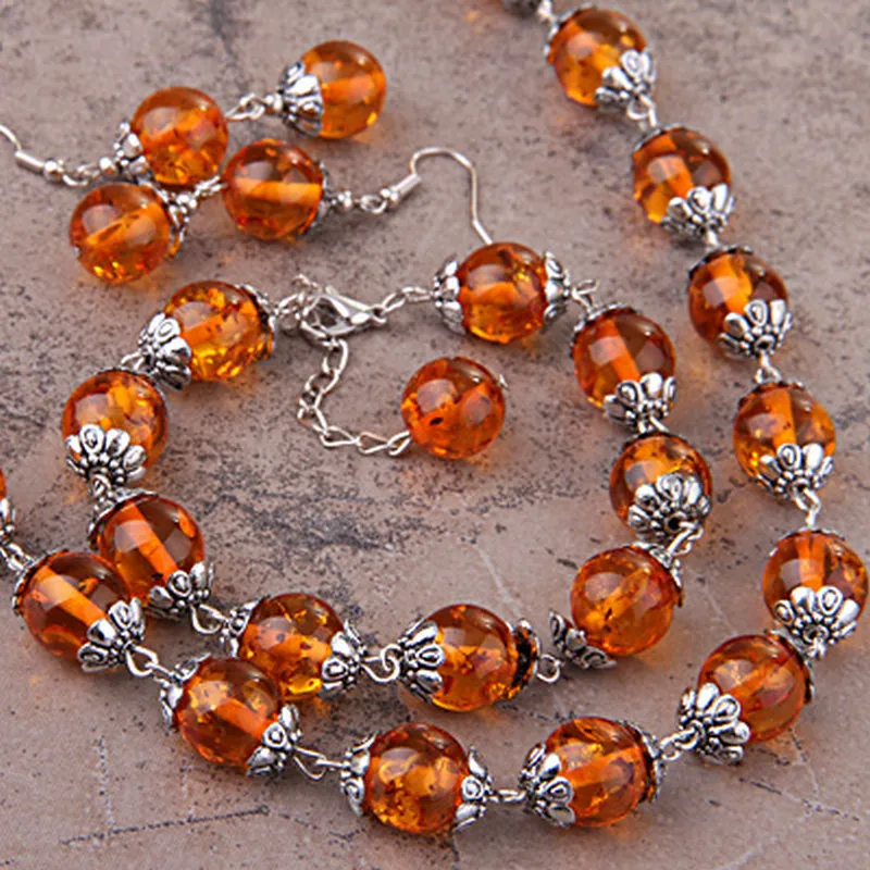 Fashion Tibet Silver Round Amber Pärlor Halsband Armband Örhängen Set med 0,47 