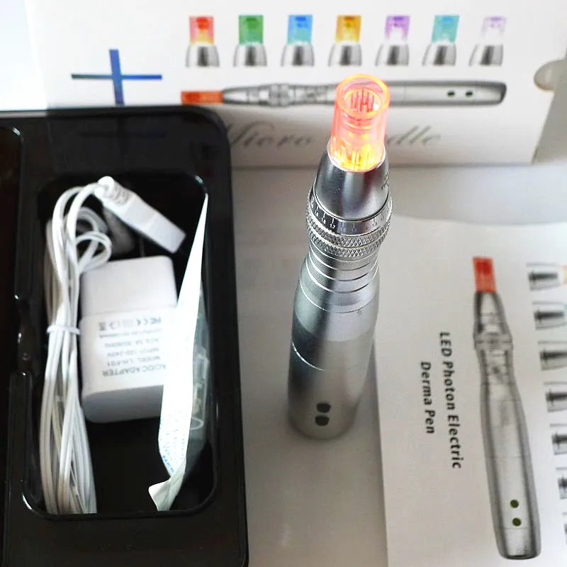 2017 DERNIES 5 vitesses DERMA PEN LED Photon MiconeDle électrique pour la peau Rajeunissement Therapy Nano Aiguilles avec 7 couleurs