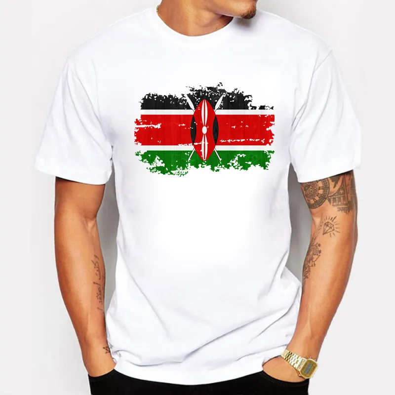 2017 남성 T- 셔츠 케냐 국기 Nostalgic Style Design 반소매 여름 코튼 케냐 국기 화이트 T 셔츠