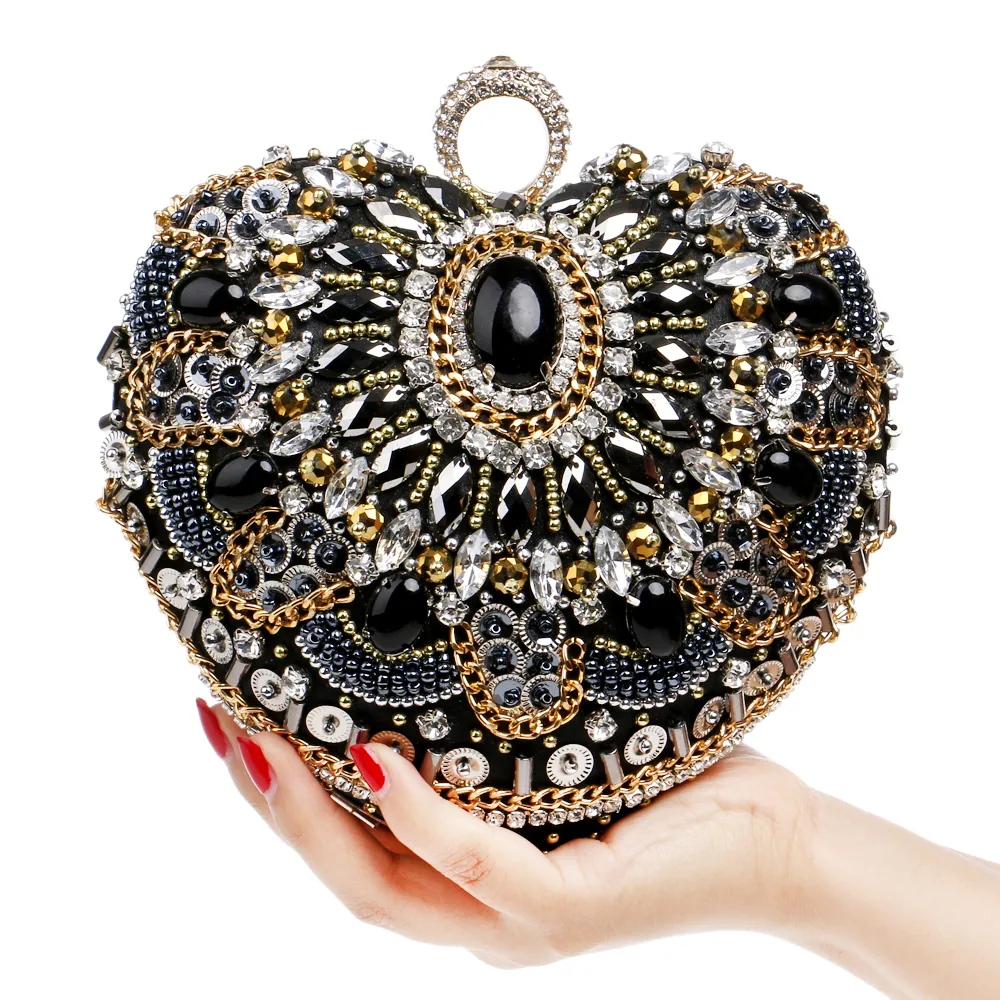 Heart Women Bag Finger Ring Diamonds Purse Day Clutches Chain Shoulder