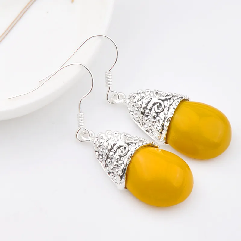 Boucles d'oreilles pendantes en argent 925, bijoux de noël, pierre porte-bonheur, jaune naturel, JADE, cadeau, 2 piècesE0453