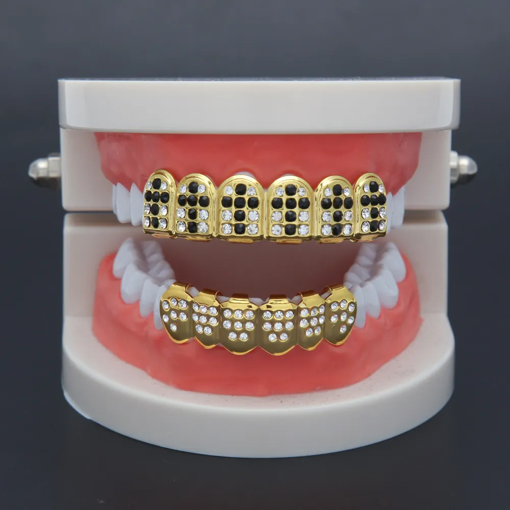 Nieuwe vergulde ijskoude zwarte hiphop tanden voor mond grillz caps top bodem grill set vampier tanden sieraden