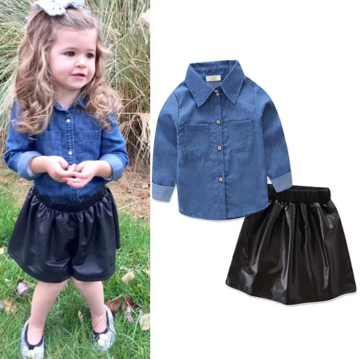 Ins Baby Girls Clothes Set Kids Denim Shirt + PU Leather Skirt 2pcs Clothing Suit Children Outfits 13534