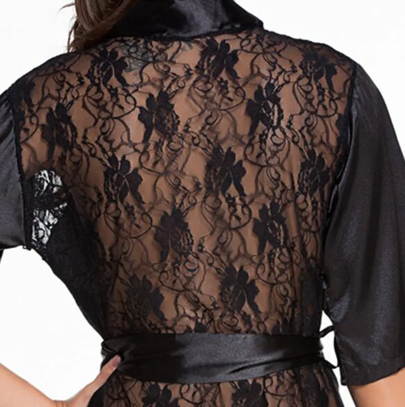 Sexig underkläder Satin Lace Black Kimono Intimate Sleepwear Robe Sexig Nattklänning Kvinnor Sexig Erotisk Underkläder