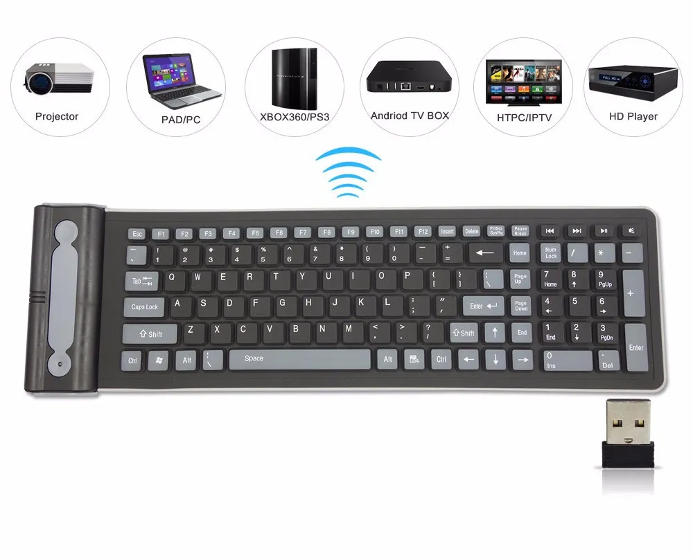 Teclado suave de silicona inalámbrico portátil de 2,4G, teclado plegable Flexible impermeable de 107 teclas, teclado de goma de bolsillo para PC y portátiles