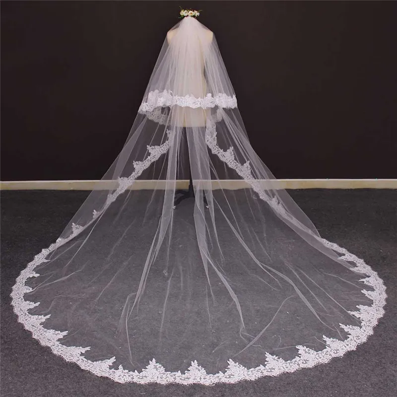 Janes Dress Studio 2 Layers Sequins Lace 3 Meters Cathedral Wedding Veils with Comb White Ivory Bridal Veil