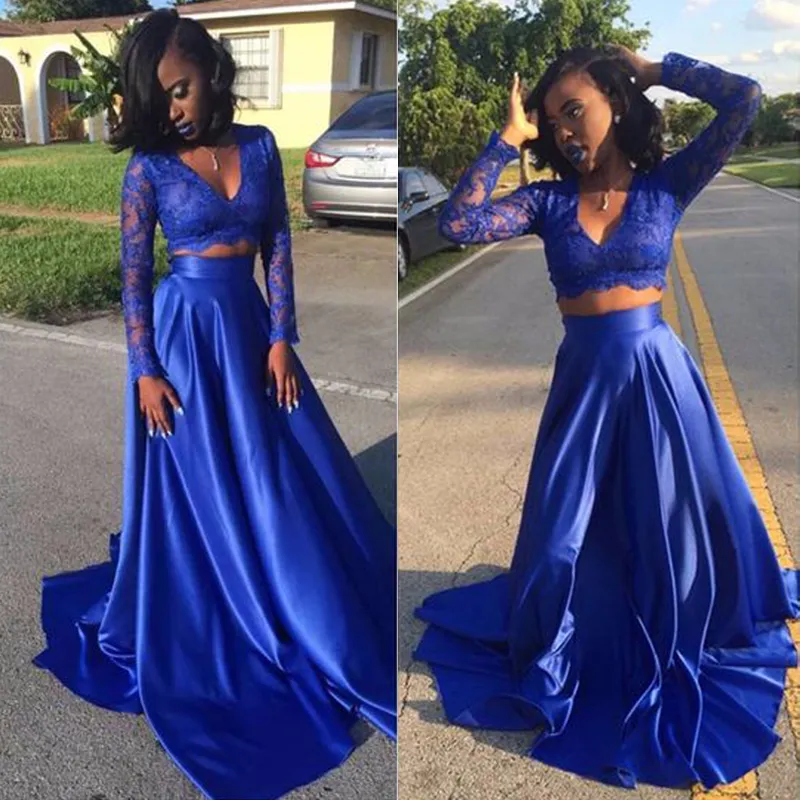 Sexiga afrikanska kvällsklänningar v Neck Sheer Långärmade Snörning Skörd En linje Vanlig Kjol Royal Blue Prom Klä Två Pieces