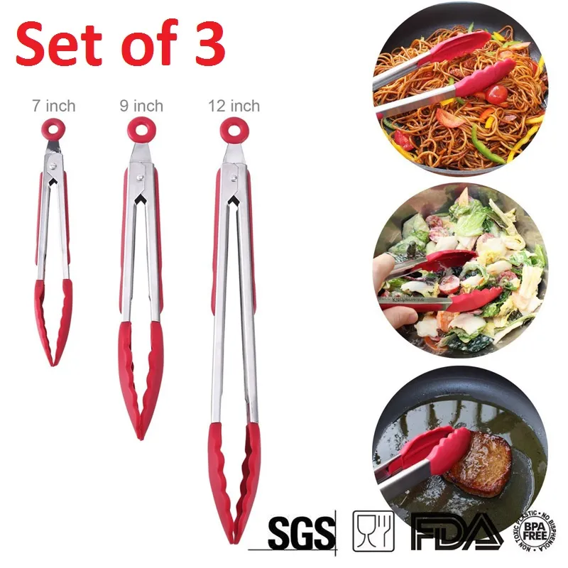 Ensemble de pinces de qualité supérieure 30,5 cm, 22,9 cm, 17,8 cm, très résistantes, pinces de cuisine en acier inoxydable, pinces à barbecue, pinces à salade, avec silicone, antiadhésives, lot de 3