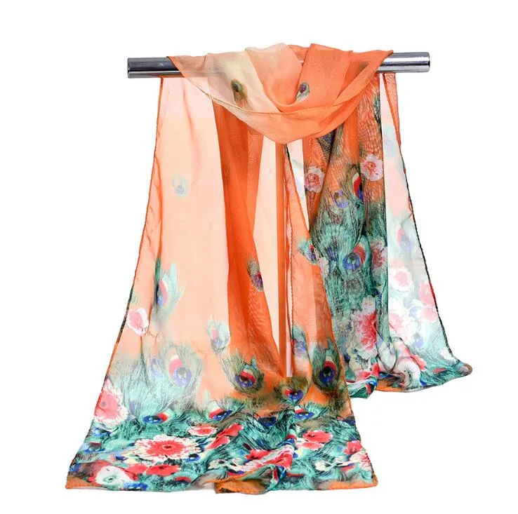 Sciarpa di chiffon di seta all'ingrosso della fabbrica Sciarpa lunga donna Pashmine estive le donne Sciarpe stampa pavone Florial 160 * 50 cm DHL gratis