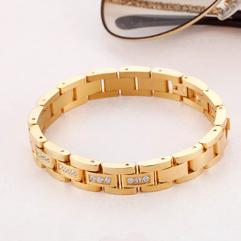 Unisex charmiga gåvor 7.87 '' 12mm rostfritt stål högkvalitativt kubik zirkonium av armband kvinnor mäns coola smycken guld