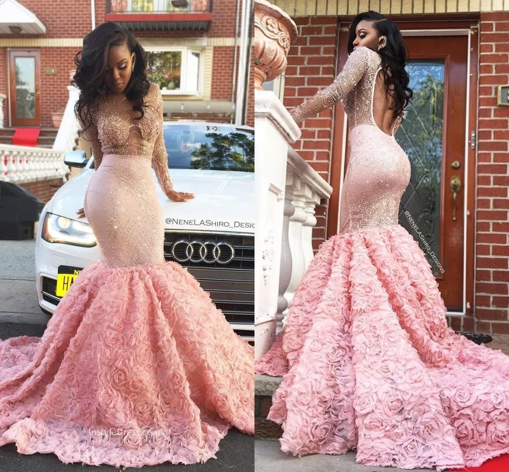 Glittering Pink Backless Mermaid Prom Dresses With Beading Rose Flowers Keyhole Back Sexy Evening Gowns Formal Party Dresses Sweep Train