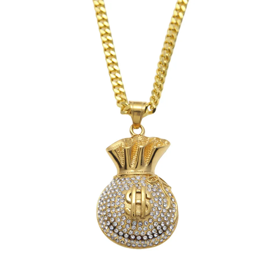 Hombres Hip hop Dólares EE. UU. Monedero Colgante de acero inoxidable Iced Out Bling Rhinestone Crystal Gold Colgante Necklace Punk Jewelry