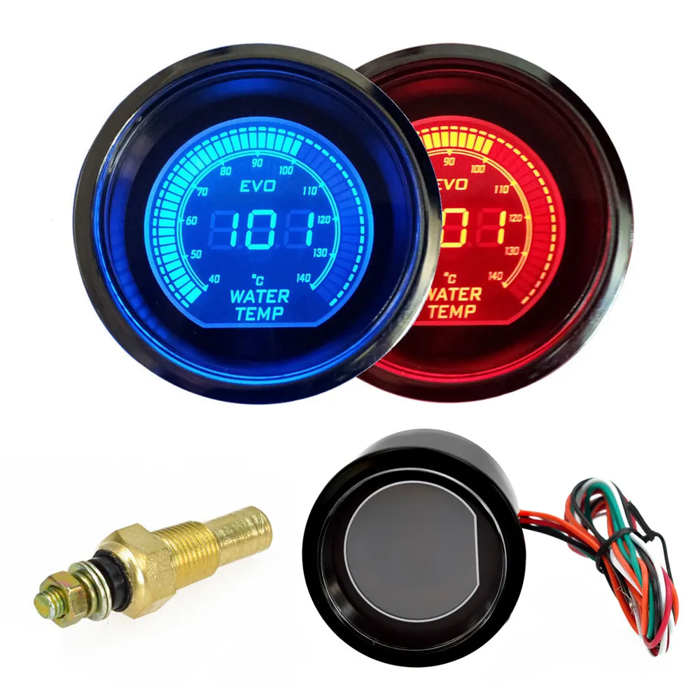 Chaude 2 pouces 52mm jauge de température de l'eau 12V bleu rouge lumière LED teinte lentille écran LCD voiture numérique compteur de température de l'eau instrument