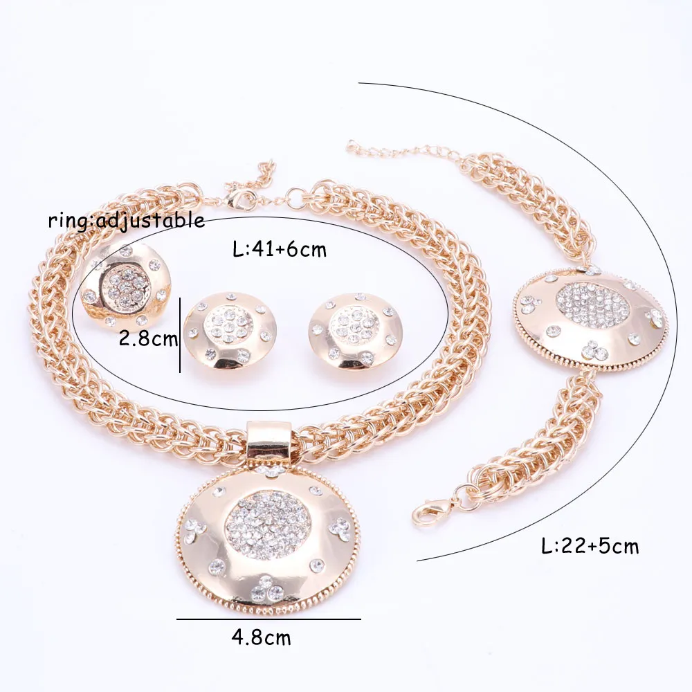 Luxury Big Dubai Gold Plated Crystal Jewelry Sets Fashion Nigerian Wedding African Beads Costume Necklace Bangle Earring Ring