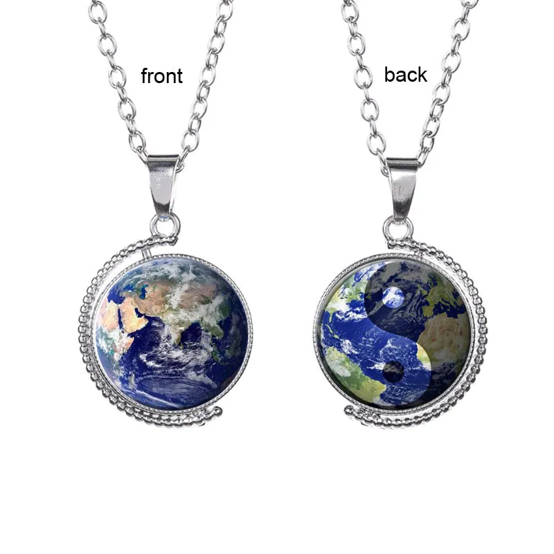 Double Side Earth World Map Tellurion Ocean Rotatable glass Necklace dome Necklaces Pendants for Women Lady Jewelry Gift