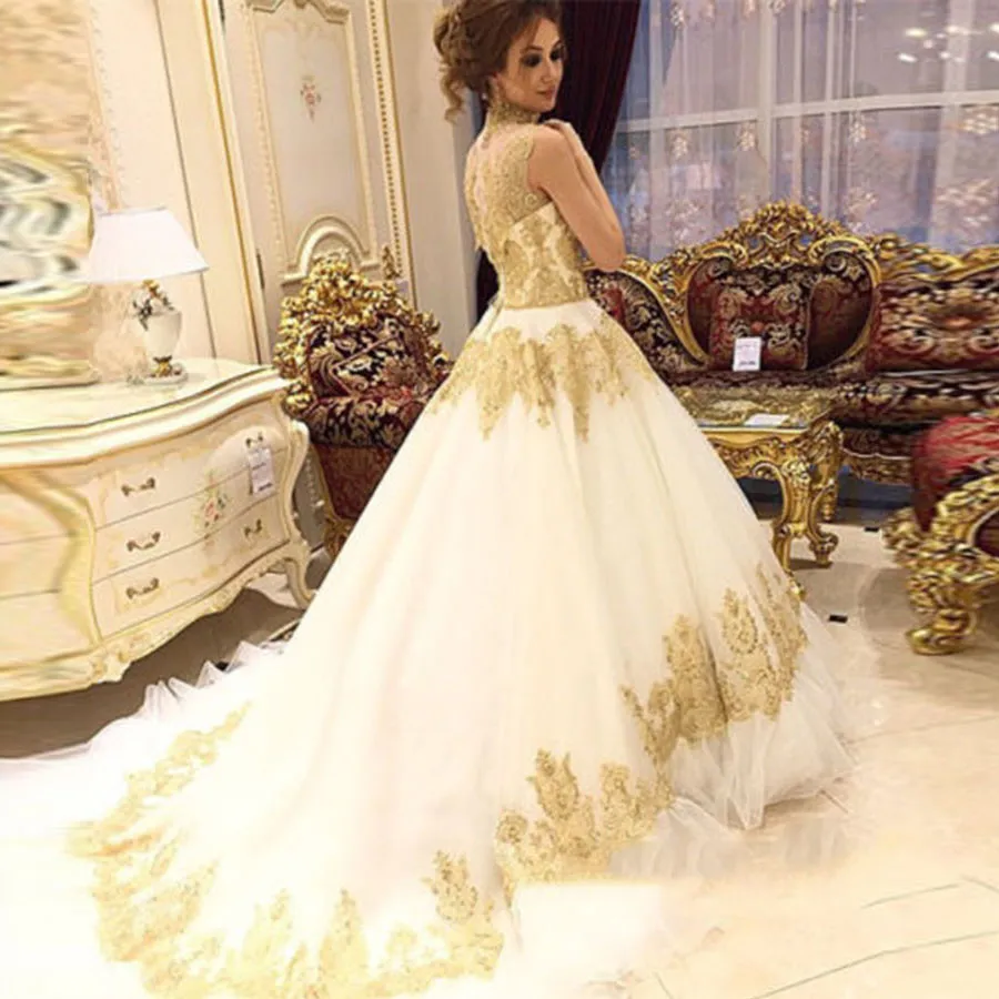 Wedding dress white and gold sale