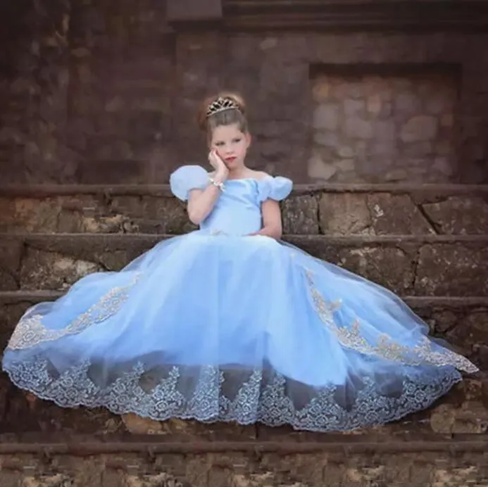 Sky Blue Plumetis Tulle Satin Off-Shoulder Pageant Dress for Teens Girls - 2017 Collection with Puffy Short Sleeves, Ivory Lace Applique, and Perfect