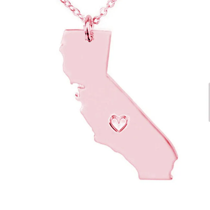 California Map Stainless Steel Pendant Necklace with Love Heart USA State CA Geography Map Necklaces Jewelry for Women and Men