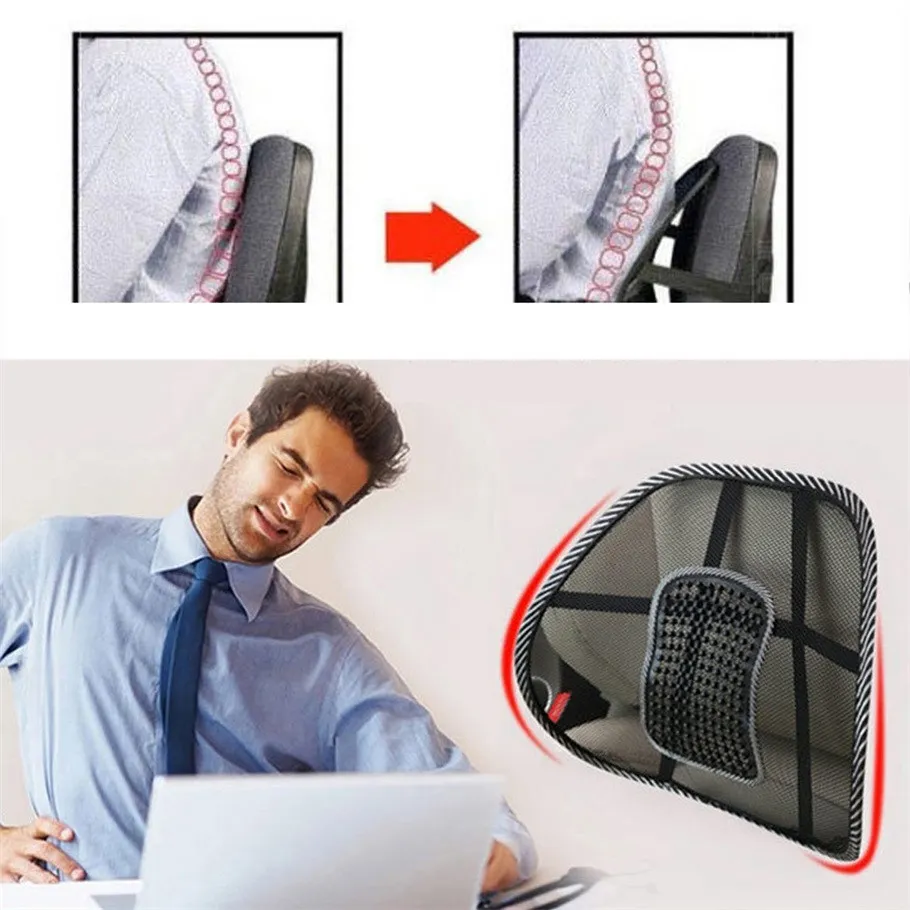 Cadeira de malha confortável, alívio de dor lombar, suporte para dor nas costas, almofada de assento de carro, cadeira de escritório, almofada lombar preta