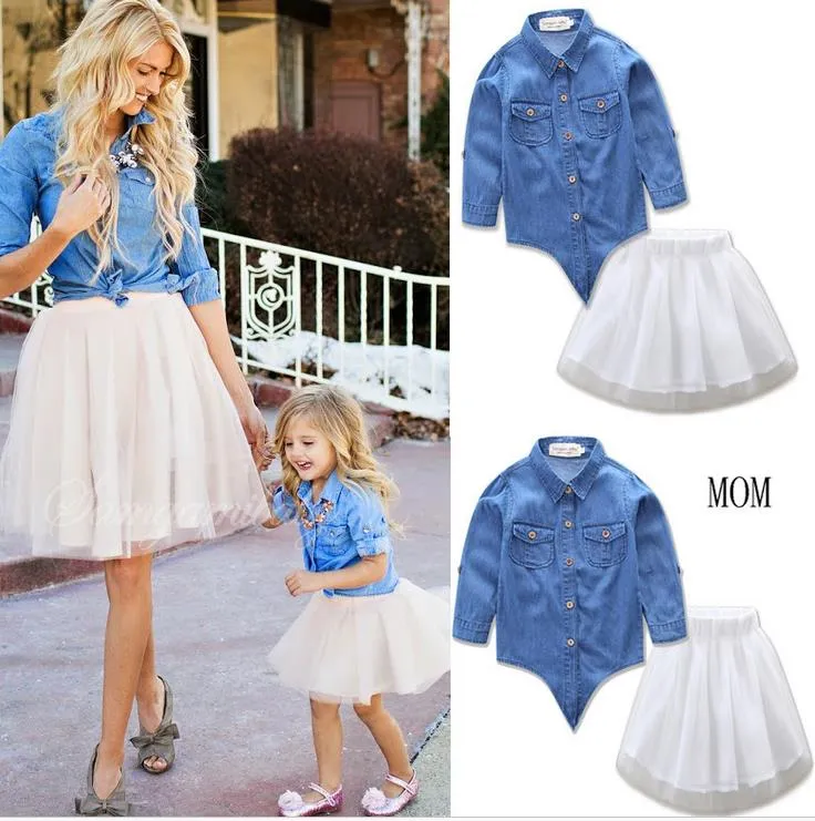 INS Mother and daughter sets girls long sleeve lapel denim tops + tulle tutu skirt 2pc clothing sets 2017 new Family summer dress