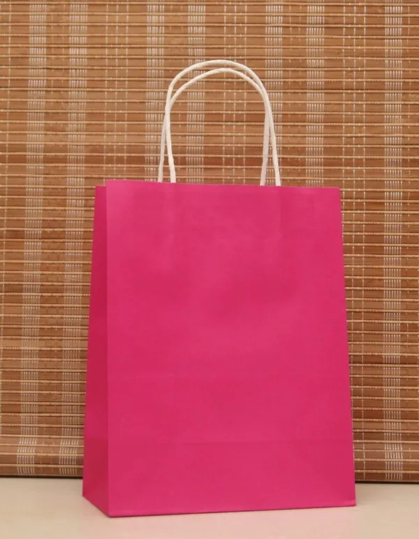 Partihandel-40PCS / Lot Multifunktion Rose Pink Paper Bag med handtag / 21x15x8cm / Festival Presentväska / Godkvalitet Shopping Kraft Paper Bags