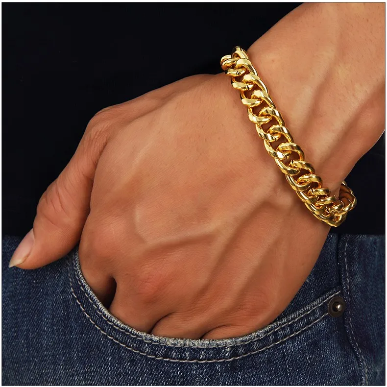 Hot Chain Link Bracelet 1,1 cm de largura Pulseira de ouro Moda Homens Hip Hop Jóias Correntes Pulseira Mulheres Homens Jóias