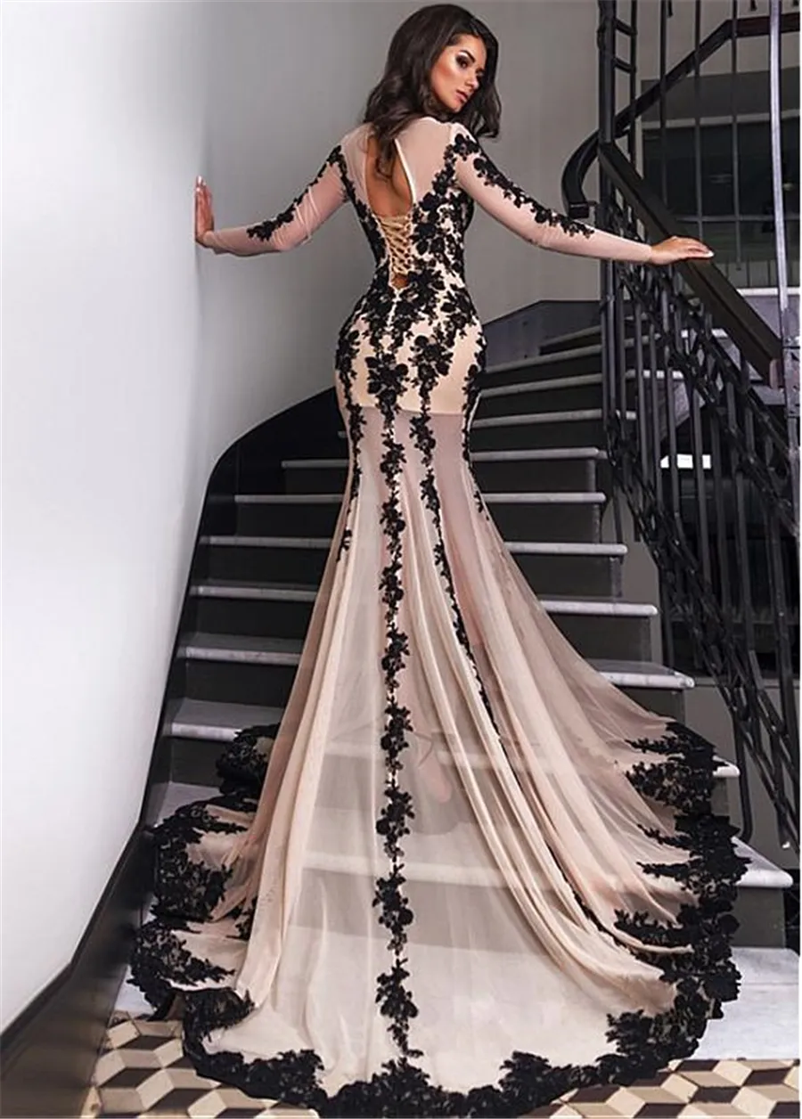 Chiffon Bateau Neckline Mermaid Evening Dresses With lace Appliques Long Sleeves Nude and Black Prom Dresss trumpet prom Gowns3544094