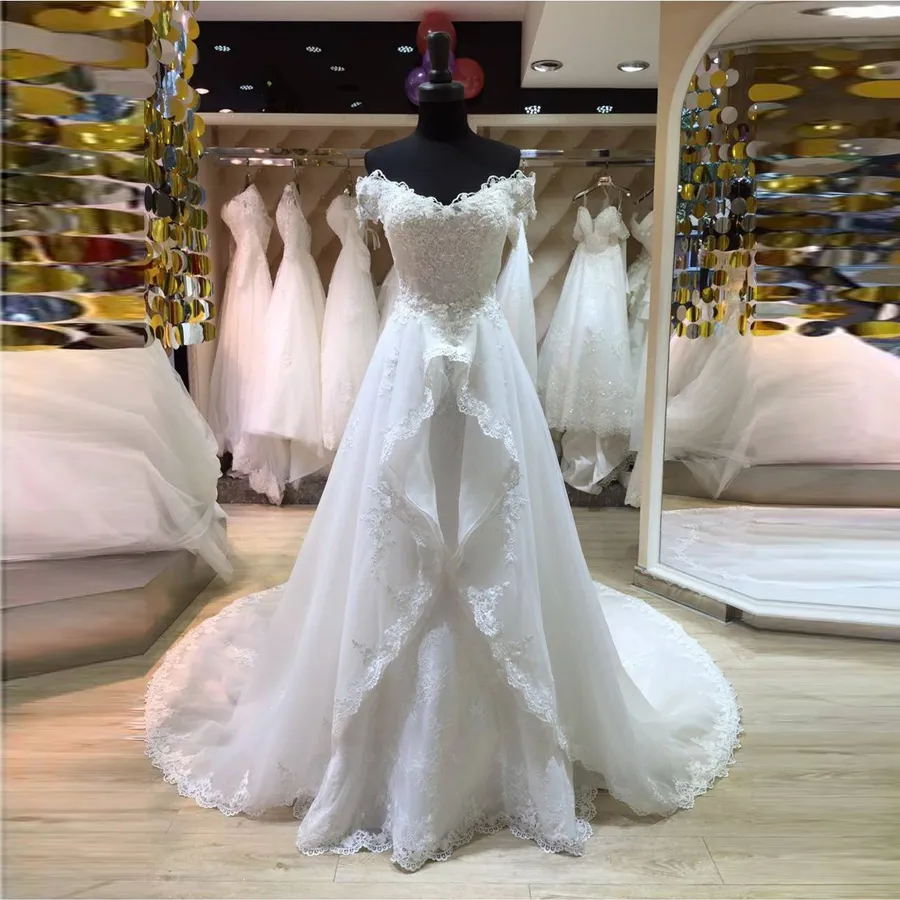 Wunderschönes sexy schulterfreies Meerjungfrau-Hochzeitskleid 2019 Vestido De Novia Casamento Spitze Brautkleider Abnehmbare Schleppe Spitze Brautkleid